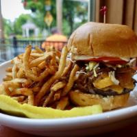 Double Cf Burger · Two patties served with lettuce, tomato, caramelized onions, cheddar cheese and 