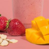 Strawberry Mango Booster · Strawberries, mangos, almonds, almond milk, whey protein, energy shot.