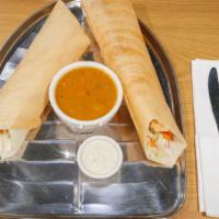 Mysore Masala Dosa · Crepe (made with lentil and rice flour) stuffed with Mysore Masala, served with chutney and ...