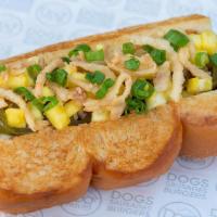 Pineapple Express Haus Dogs · Bacon-wrapped dog, bouillonnaise, sweet ginger glaze, pineapple, scallions, pickled jalapeno...