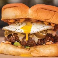 Little Mule Burger · White American cheese, avocado, pickled jalapeños, cotija cheese, fried egg, chipotle aioli