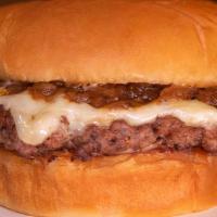 This Burger · White American cheese, caramelized onions, mayo; on a grilled king's Hawaiian bun