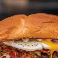 The Hangover Burger · Jalapeno Cheddarwurst, pepper relish, chipotle aioli, cotija cheese