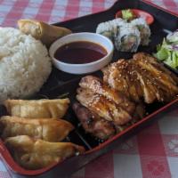 Bento · A collection of many dishes, comes with: rice, salad, 3pc pot stickers, 1pc spring roll, and...