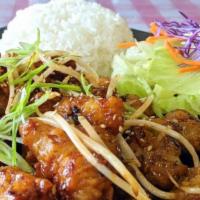 General Chicken · Deep fried chicken bits covered in garlic spicy sauce. Comes with rice and salad.