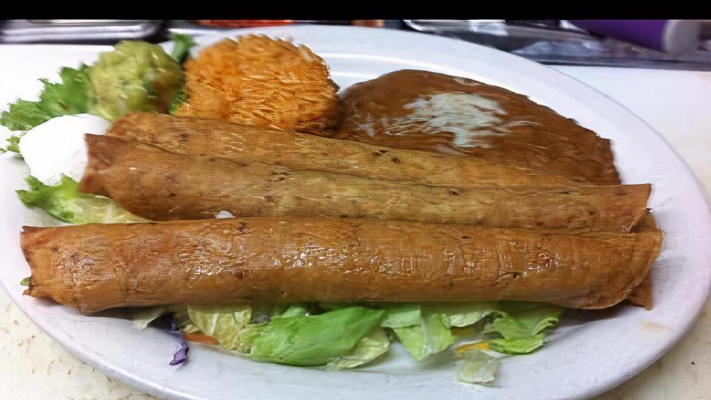 Flautas · Your choice of three beef or chicken flautas served on a bed of green salad with a side of sour cream and guacamole served with rice and beans.