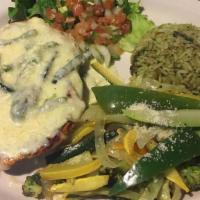 Pollo Cabo · Grilled chicken breast covered with poblano sauce and jack cheese. Served with rice, veggies...