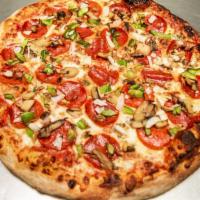 Super  · Original pepperoni, mushrooms, onions, green peppers with original sauce and our pizza cheese