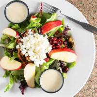 Apple Goat Cheese Salad · Mixed greens, sliced apples, pecans, goat cheese topped with Choice of dressing.