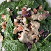 Mediterranean Chicken Salad · Baby spinach, grilled chicken, Feta, olives, green peppers, onions, and tomatoes tossed in a...