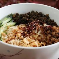 Chengdu Dan Dan Noodles · Contains peanuts. Vegetarian. Ground pork, cucumber, peanuts, green onion, special spices an...