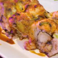 Special Yobo Roll -Baked · In : Shrimp tempura, eel / Top : Salmon, avocado, and green onion / Sauce : Eel sauce and sp...