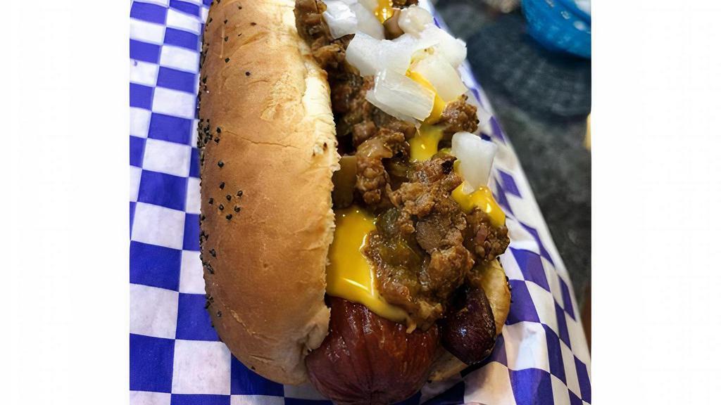 Chili Dog · 1/4 lb. Vienna Beef on Freshly Baked Pretzel Bun - Diced Onions - Home-made Chili Topped with Cheese Sauce