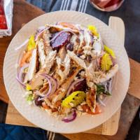 Grilled Chicken Salad · All natural chicken. Mixed greens, strips of chicken breast, hard boiled egg, tomato, americ...