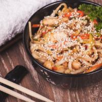 Yaki Udon · Thick, soft udon noodles stir-fried with veggies in flavorful sauce.