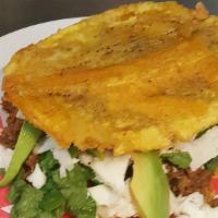 Special Patacon · Crispy plantain sandwich with two meats cheese, pico de gallo and special sauce. | Sandwich ...