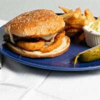 Bbq Honk Tonk Burger · Topped with onion rings, mozzarella & bbq sauce  on a sesame bun.