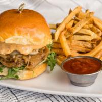 The White Oak Tavern Burger · dry-aged, grass-fed beef, porter-glazed caramelized onions, The White Oak special sauce, aru...
