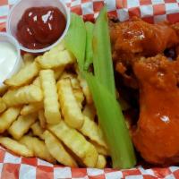 El Habanero Bone-In Wings · Crispy deep fried wings tossed in a choice of your sauce with seasoned fries and ranch for d...