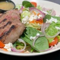 Grilled Steak Salad · mixed greens • steak • feta cheese • tomatoes carrots • red onions • italian dressing