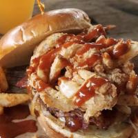 Cowboy Burger · beef patty • jalapeno bacon • pepper jack cheese • hot honey bbq fried onion straws