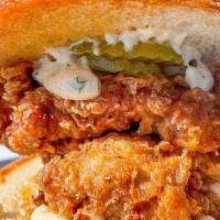 Cardi · Buttermilk fried chicken with dill mayo, pickles on a buttery toasted bun.