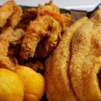Fish & Shrimp Basket · Two 6 oz in-house seasoned and breaded Swai fillets, four jumbo seasoned and breaded shrimp,...