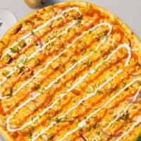 Follow The Buffalo Vegan Pizza · Buffalo sauce, juicy vegan chicken, vegan chipotle aioli, and extra virgin olive oil baked o...