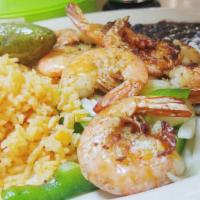 Grilled Shrimp · Grilled shrimp, bell pepper, onions, rice, beans & tortillas
