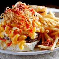 Murph'S Mac 'N Cheese Burger · We miss you murph! Sriracha drizzle, onion straws and bacon bits.