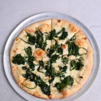 Bianchi Pizza · Sauceless, topped with spinach, garlic, and mozzarella.