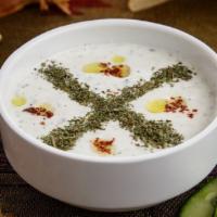 Cacık (Jajik) · Gluten-free, vegetarian. Home-made yogurt specially prepared with chopped cucumber, fresh ga...
