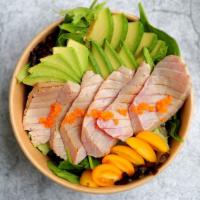 Osaka · seared ahi tuna, avocado, masago, scallion, mix greens; wasabi shoyu dressing