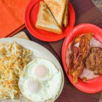Super Breakfast · 2 farm fresh eggs, hash browns, toast and jelly served with 1 slice of ham, 2 slices of baco...