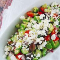 Greek Salad (Full) · Hearts of romaine lettuce with tomato, onion, cucumber, bell pepper, Italian peppers, kalama...