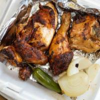 Half Chicken (Medio Pollo) · Recommended. Charcoal-grilled four-piece chicken served with Mexican style rice, charro bean...