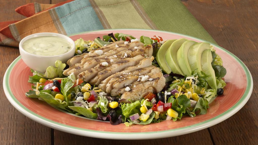 Southwest Chicken Salad · Warm, marinated and grilled chicken breast served atop freshly mixed greens, our black bean and corn salsa, mild Cheddar and Monterey Jack cheese and fresh avocado. Served with dressing. Try it with our creamy cilantro-lime ranch dressing.