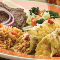 Grilled Carne Asada · One of our most popular dishes! Tender marinated steak accompanied by your choice of two enc...