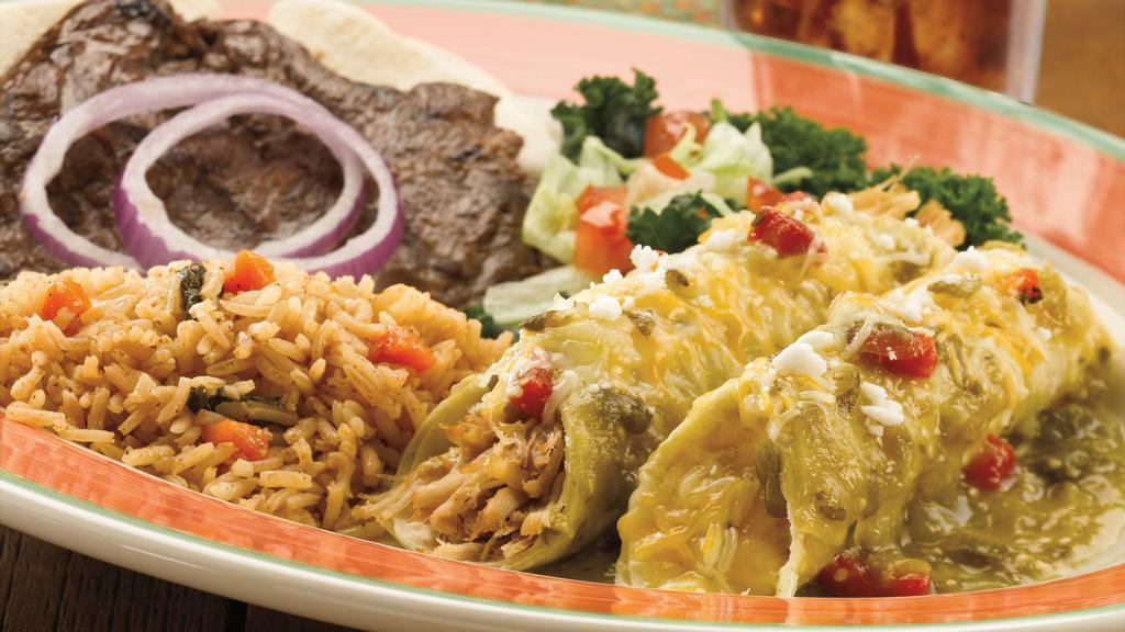 Grilled Carne Asada · One of our most popular dishes! Tender marinated steak accompanied by your choice of two enchiladas (beef, chicken or cheese). Served with Spanish rice, pico de gallo and warm flour tortillas.