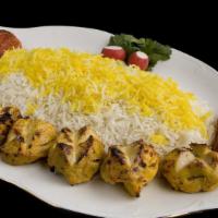 Chicken Kabob · Chunks of boneless chicken filet marinated in seasoning and grilled tomato serve with rice o...