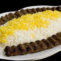 Kobideh Kabob · Two skewers ground beef, grated onion with seasoning and grilled tomato served with rice or ...