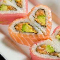 Sweet Heart Roll · Spicy salmon, avocado and crunch wrapped with tuna and salmon.