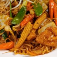 Vegetable Pad Thai · Rice noodles stir fried with tofu, vegetables, bean sprouts, egg and roasted peanuts (option...