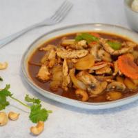 Cashew Nuts · Stir-fried with cashew nuts, snow peas, carrots, water chestnuts, onion, mushrooms in SweetC...