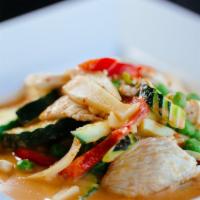 Gang Dang (Red Curry)* · Choice of meat in red curry paste mixed in coconut milk with bamboo shoots, zucchini, sweet ...