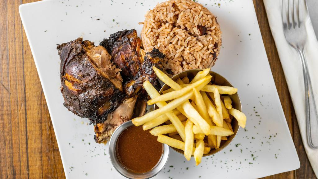Jerk Chicken · Our flagship meal. Bone-in chicken, marinated 24 hours, and smoked on our wood fire grill in TIS jerk seasoning. Served with our specially made sauce: jerk or jerk BBQ.
