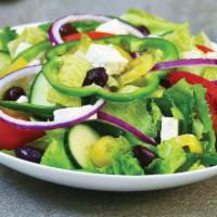 Greek Salad · Mixed lettuce, green pepper, tomato wedges, red onion, cucumbers, kalamata olives, pepperonc...
