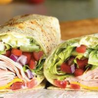 Sliced Turkey Wrap · Sliced smoked oven roasted turkey breast, American cheese, romaine lettuce, tomato, red onio...