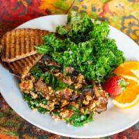 Mushroom & Spinach Scramble · Savory tofu scramble with fresh spinach and mushrooms. Served with buttered organic twenty-f...