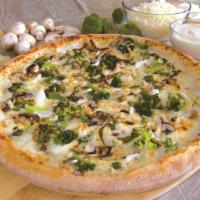 Veggie Alfredo Pizza · Vegetarian.Sauteed broccoli, mushrooms, spinach and diced tomatoes on creamy Alfredo sauce, ...